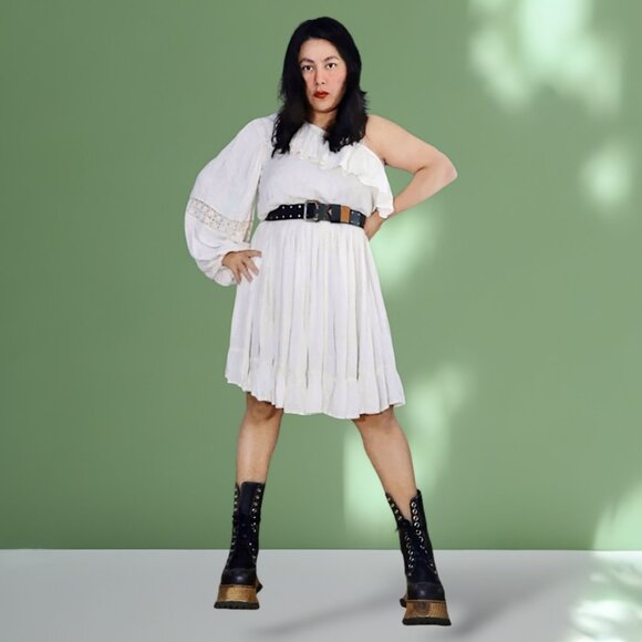 FP Jen's Pirate Booty NWOT one shoulder balloon sleeve crochet mini dress L - Picture 5 of 9